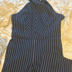 Bar III Navy and White Striped Halter Jumpsuit